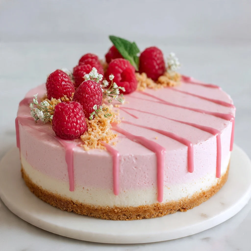 No-Bake Pink Cheesecake That Wows: Simple, Stunning, and Delicious Pink cheesecake topped with raspberries.