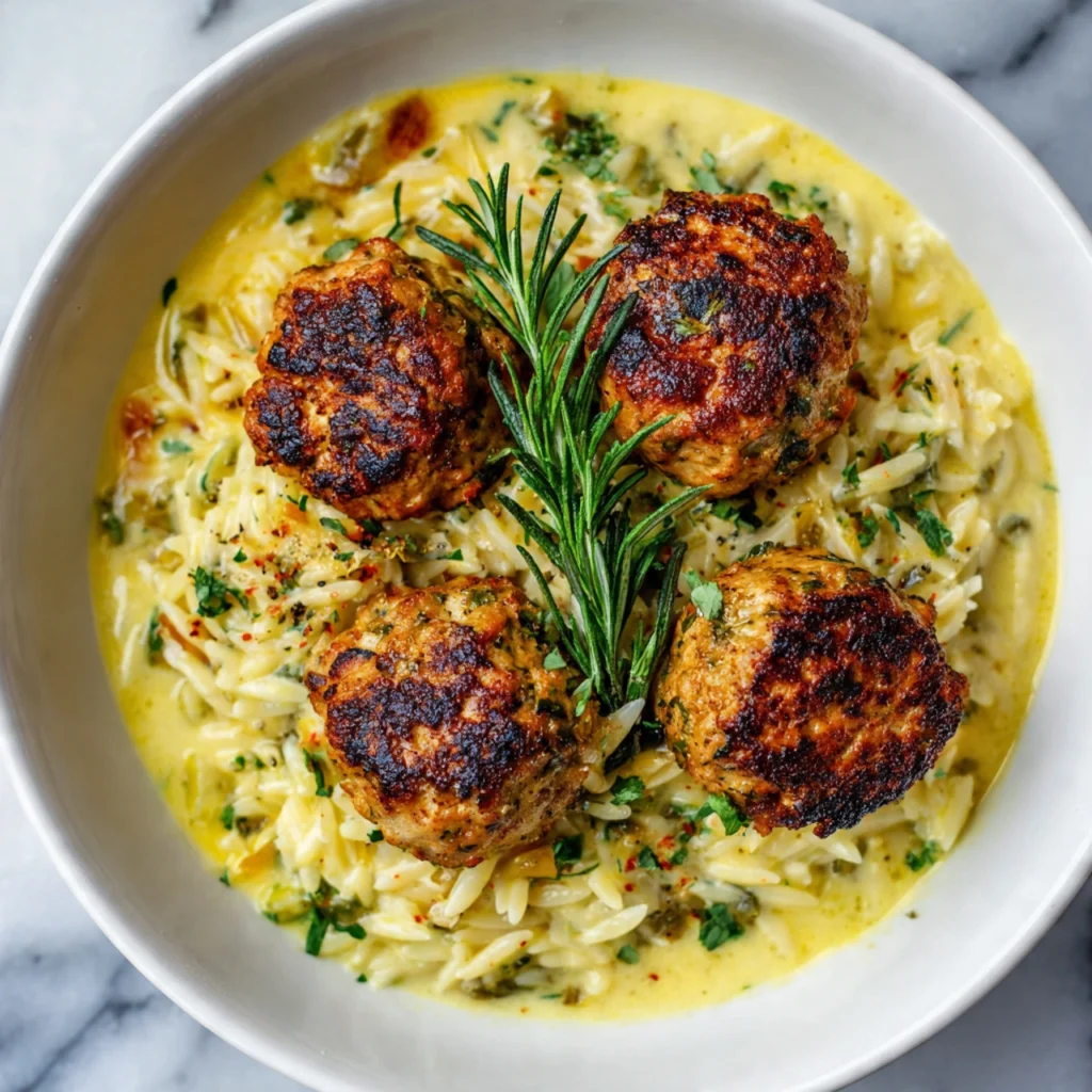 Baked Lemon Rosemary Chicken Meatballs and Creamy Orzo
