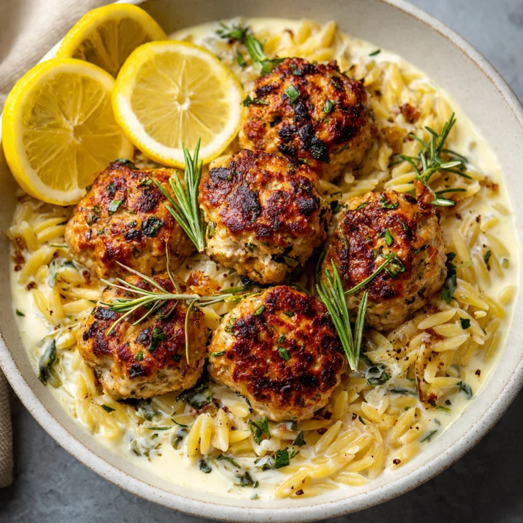 Baked Lemon Rosemary Chicken Meatballs and Creamy Orzo