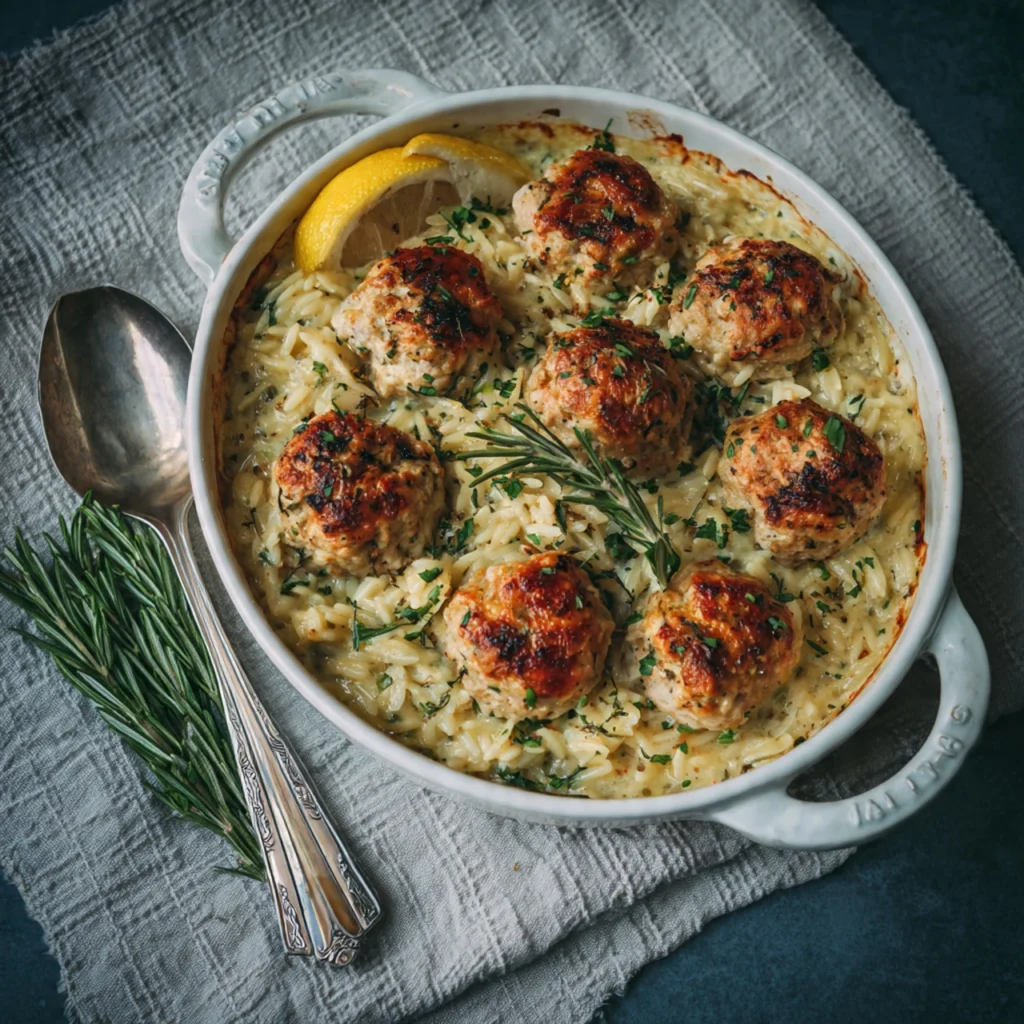 Lemon Rosemary Chicken Meatballs & Creamy Orzo